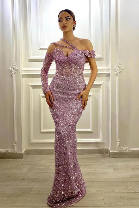 Lavender Gorgeous Long Sleeves Sequins Prom Dress Mermaid