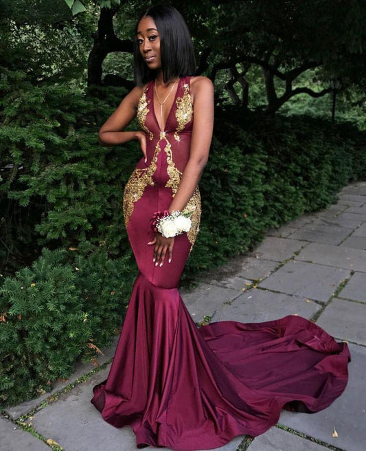 Burgundy V-Neck Sleeveless MermaidProm Dresses With Appliques