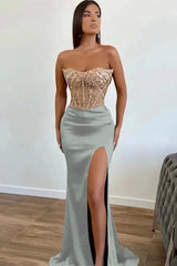 Dark Green Beaded Mermaid Prom Dress Strapless Slit Sequins Gown
