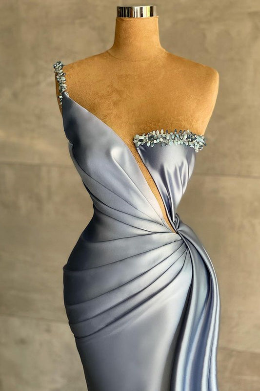 Amazing Dusty Blue One Shoulder Prom Dress Mermaid Ruffle With Beads