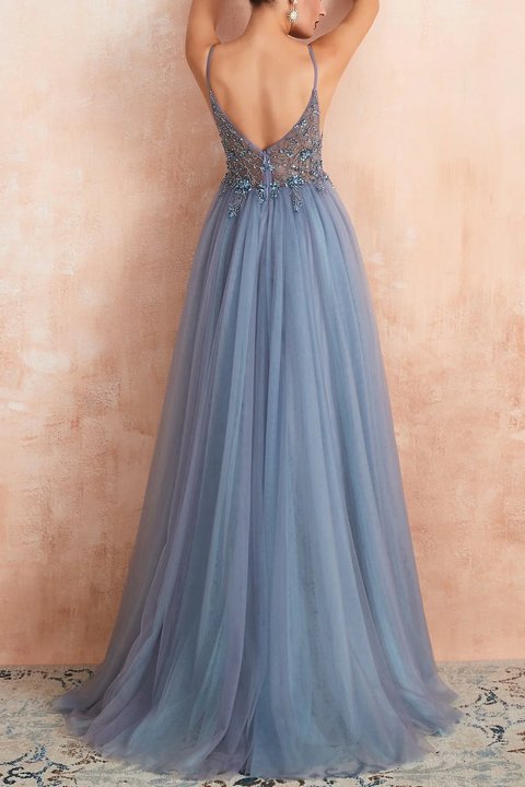 Dusty Blue V-Neck Tulle Prom Dress A Line with Split   