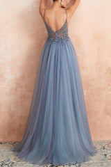 Dusty Blue V-Neck Tulle Prom Dress A Line with Split   