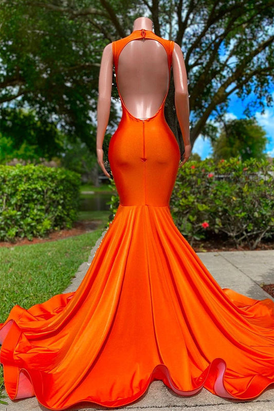 Bright Orange Prom Dress V Neck Mermaid Sleeveless Appliques