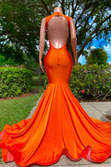 Bright Orange Prom Dress V Neck Mermaid Sleeveless Appliques
