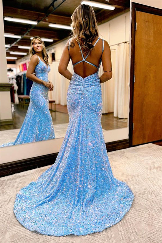 Chic Sequins Long Evening Dress V Neck Spaghetti Strap