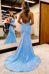 Chic Sequins Long Evening Dress V Neck Spaghetti Strap