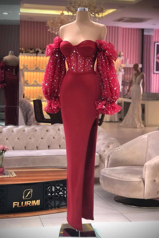 Fabulous Sweetheart Bubble Sleeves Mermaid Prom Gown With Split Beads