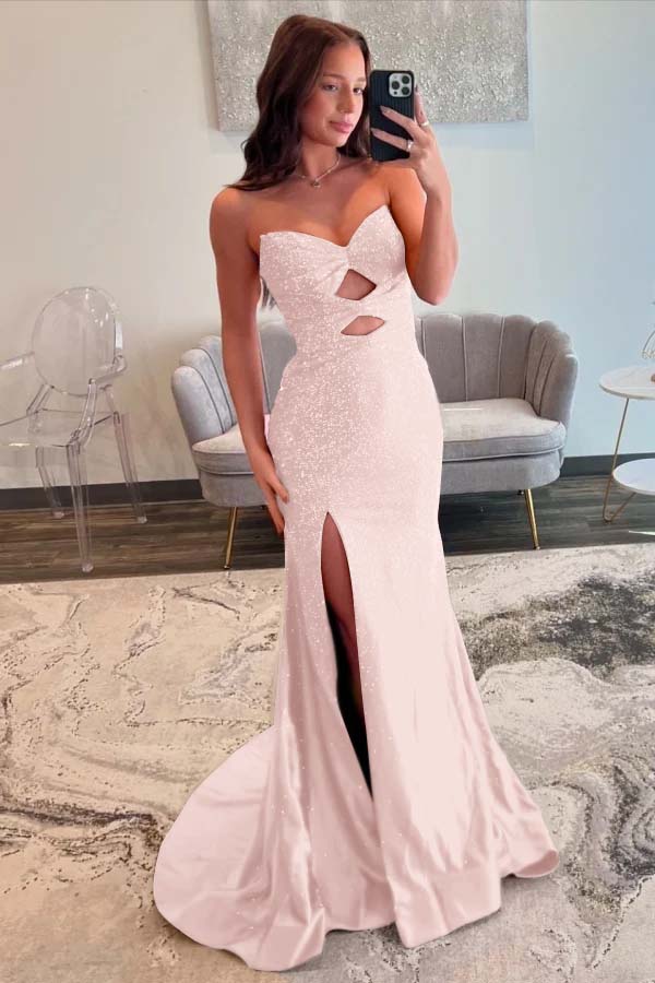 Fuchsia Sleeveless Strapless V-Neck Beaded Split Prom Dress