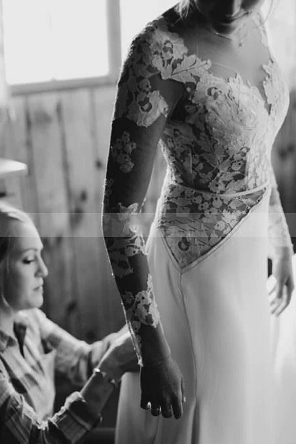 Elegant Floor-Length Sheer Lace Wedding Dress With Long Sleeves and Tulle A-Line