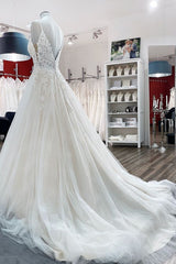 Long A-line V-neck Wedding Dress with Spaghetti Straps and Backless Tulle Lace