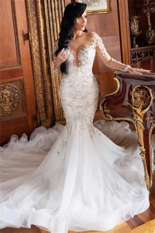 Wedding Dress with Lace Appliques and Long Mermaid Sleeves