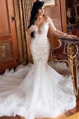 Wedding Dress with Lace Appliques and Long Mermaid Sleeves