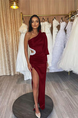 Black One Shoulder Evening Dress Hollowing Out Pleated Split