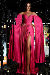 Chic Fuchsia Off-the-Shoulder Prom Dress Ruffles Long With Split