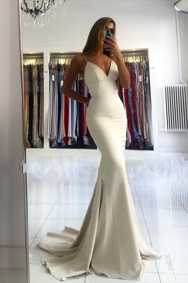 Spaghetti-Straps V-Neck Mermaid Long Prom Dress Elegant