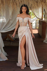 Glorious Off-the-Shoulder Long Prom Dress Slit Long With Beads