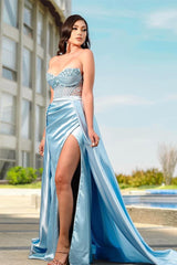 Popular Sky Blue Sweetheart Sleeveless Mermaid Prom Dresses With Split Overskirt
