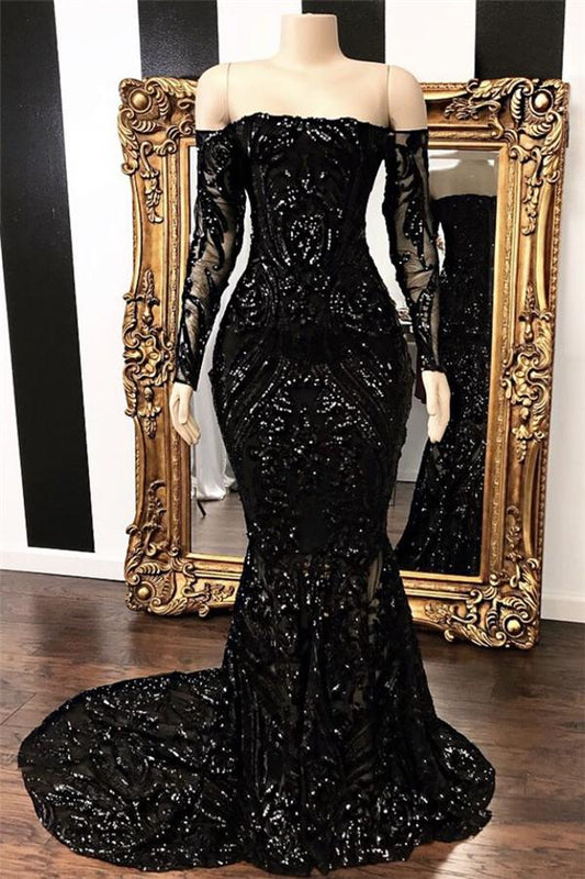 Black Long Sleeves Mermaid Sequins Prom Dress Off-the-Shoulder