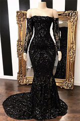 Black Long Sleeves Mermaid Sequins Prom Dress Off-the-Shoulder