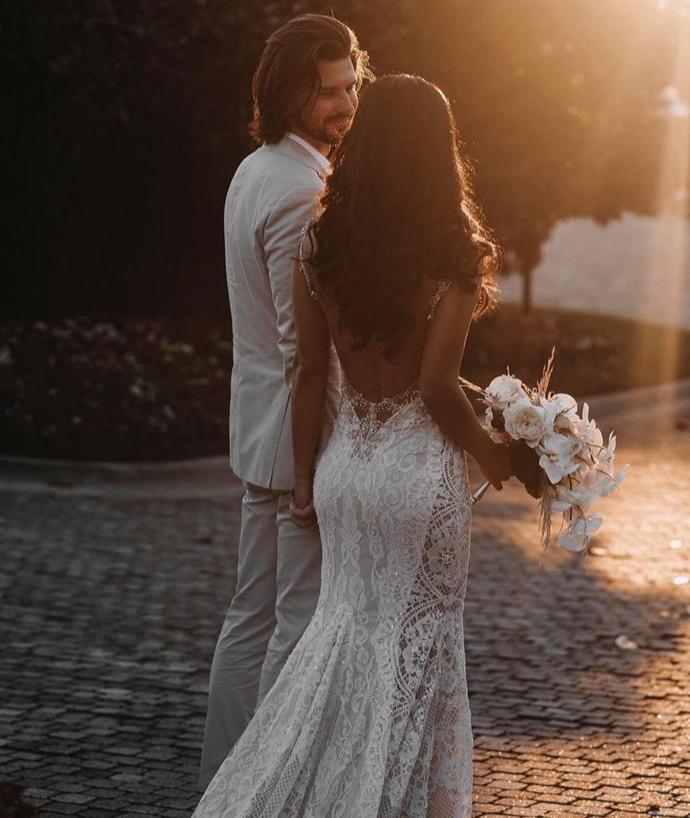 Elegant V-neck Mermaid Wedding Dress with Open Back and Wide Lace Straps