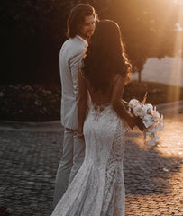 Elegant V-neck Mermaid Wedding Dress with Open Back and Wide Lace Straps