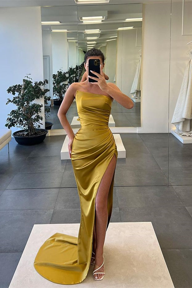 Charming Strapless Sleeveless Mermaid Prom Dress Long Split Pleated