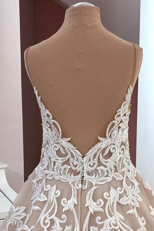 Elegant A-Line Wedding Dress with Sequins, Lace, and Tulle Appliques on Spaghetti Straps
