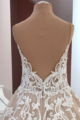 Elegant A-Line Wedding Dress with Sequins, Lace, and Tulle Appliques on Spaghetti Straps
