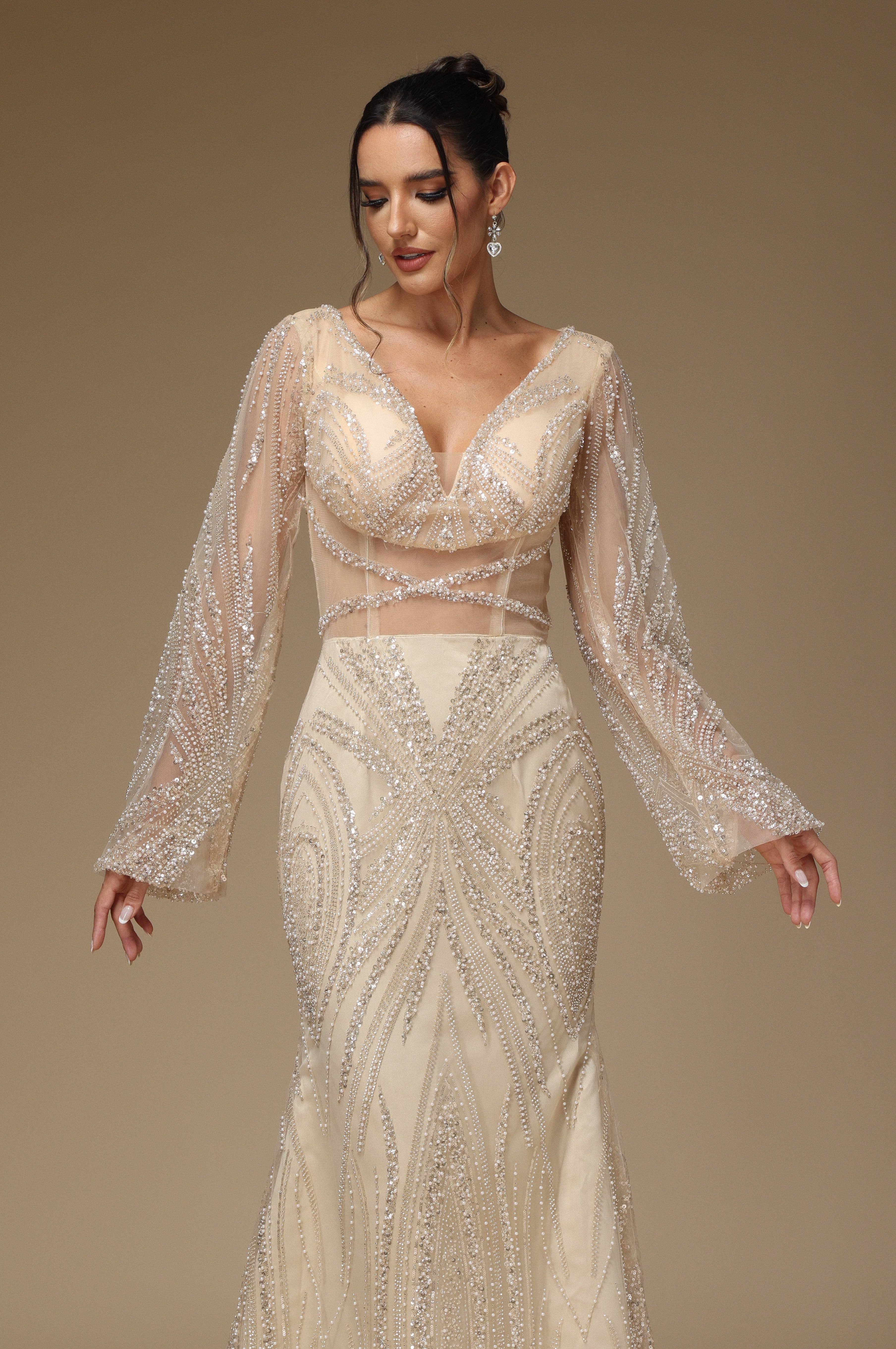 Sequins Long Prom Dress Sleeves Mermaid Champagne