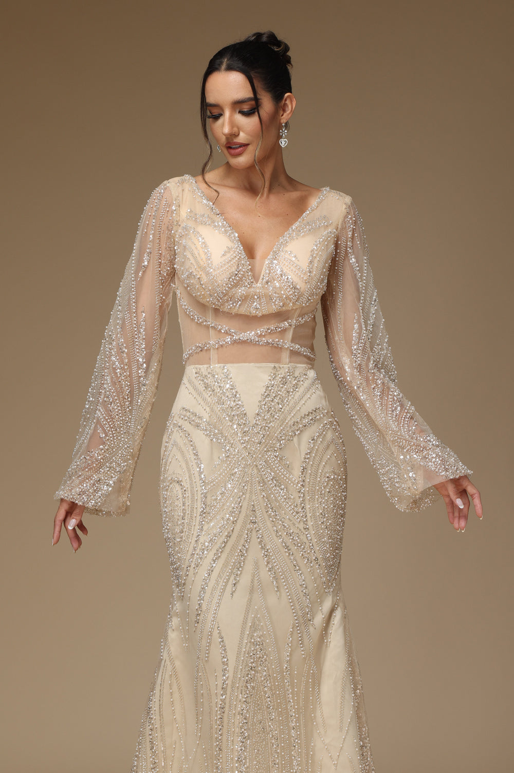 Sequins Long Prom Dress Sleeves Mermaid Champagne