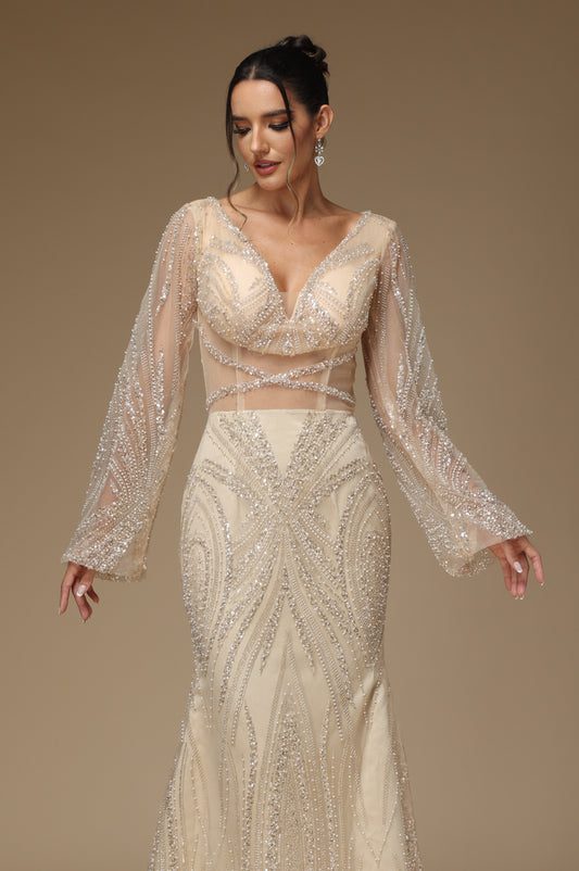 Sequins Long Prom Dress Sleeves Mermaid Champagne
