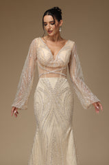 Sequins Long Prom Dress Sleeves Mermaid Champagne