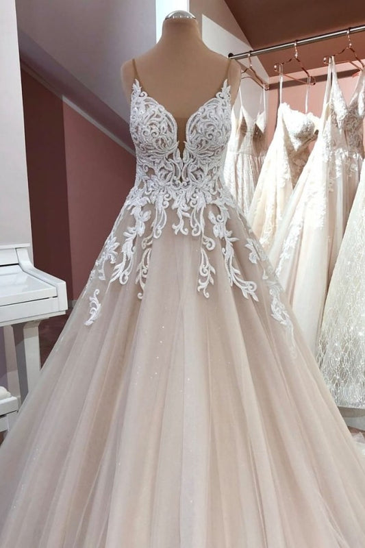 Elegant V-neck A-Line Wedding Gown with Spaghetti Straps, Backless Design, and Appliques Lace Tulle