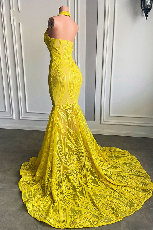 Charming Lemon Yellow V-Neck Sleeveless Prom Dress Mermaid Lace Sequins Long