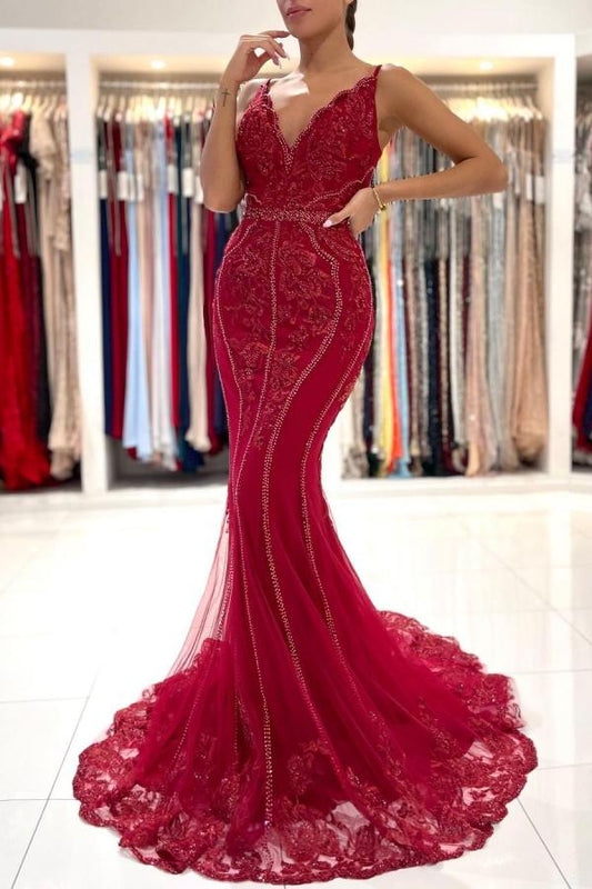 Amazing V-Neck Sleeveless Red Prom Dress Mermaid Long Lace Appliques