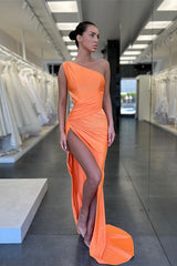 Vintage Orange One Shoulder Sleeveless Mermaid Slit Prom Dress with Pleated