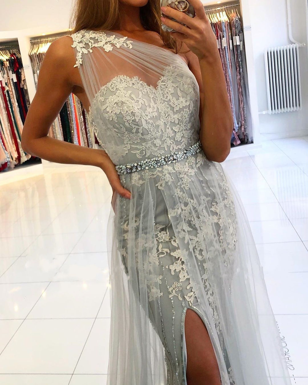One Shoulder Mermaid Prom Dress Long With Lace Appliques