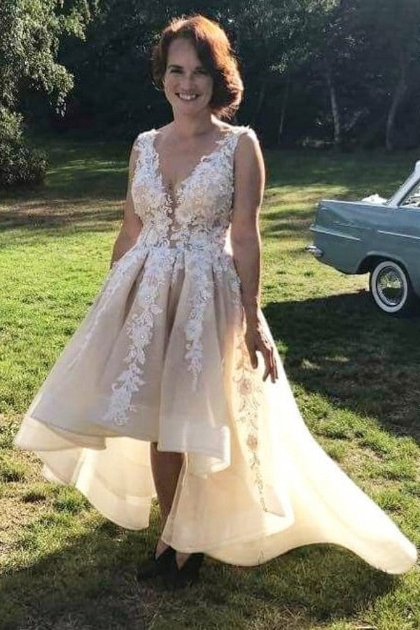 Elegant V-neck A-Line Wedding Dress with Open Back, Hi-Lo Ruffles, and Appliques Lace in Tulle
