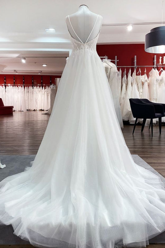 Elegant A-line Wedding Dress with V-neck, Sequins, Tulle Ruffles, and Backless Design
