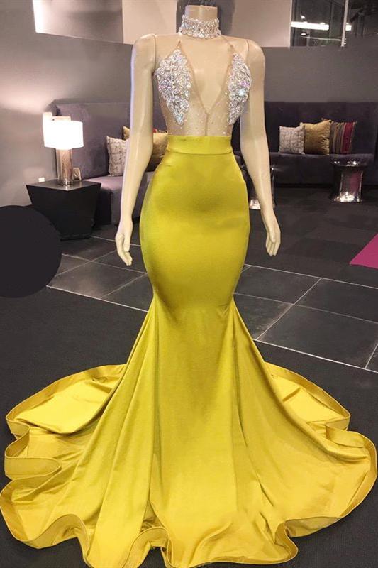 V-Neck Sleeveless Mermaid Prom Dress Long With Crystal