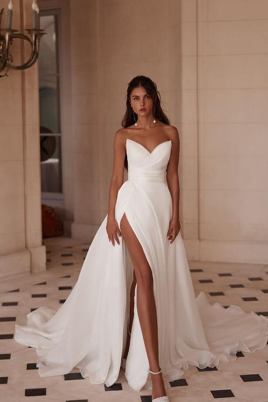 Strapless Long V-Neck Wedding Dress in Elegant White Chiffon with Split