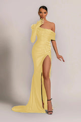 Emerald Green Evening Dress One Shoulder With Pearl Split