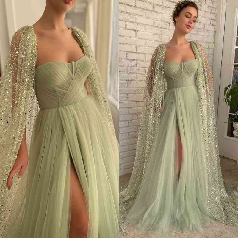 Gorgeous Sage Green Strapless Tulle Prom Dress Long Split With Sequins Cape
