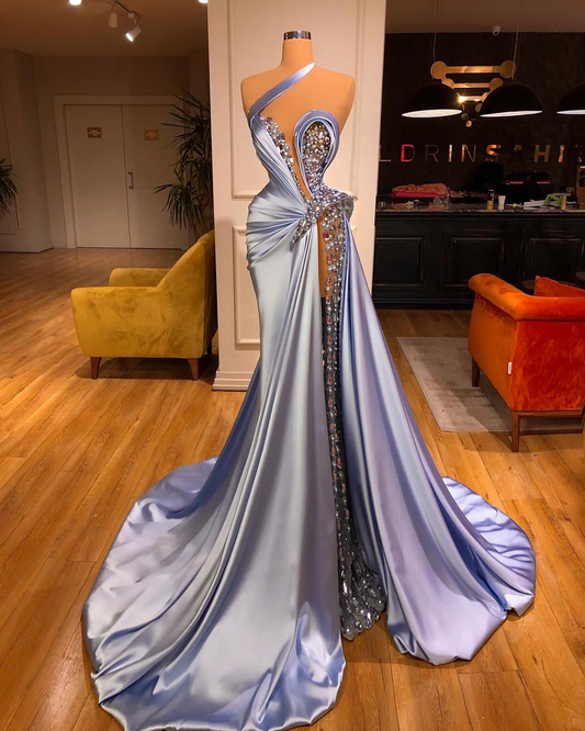 Off-the-Shoulder Mermaid Prom Dress Long Beadings with High Split