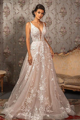 A-Line Wedding Dress with V-Neck and Sleeveless Tulle Lace Appliques
