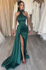 Gorgeous Dark Green Prom Dress Mermaid High Neck Sleeveless With Split