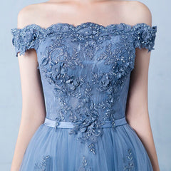 Gorgeous Off-the-Shoulder Dusty Blue Prom Dresses Tulle Long With Appliques