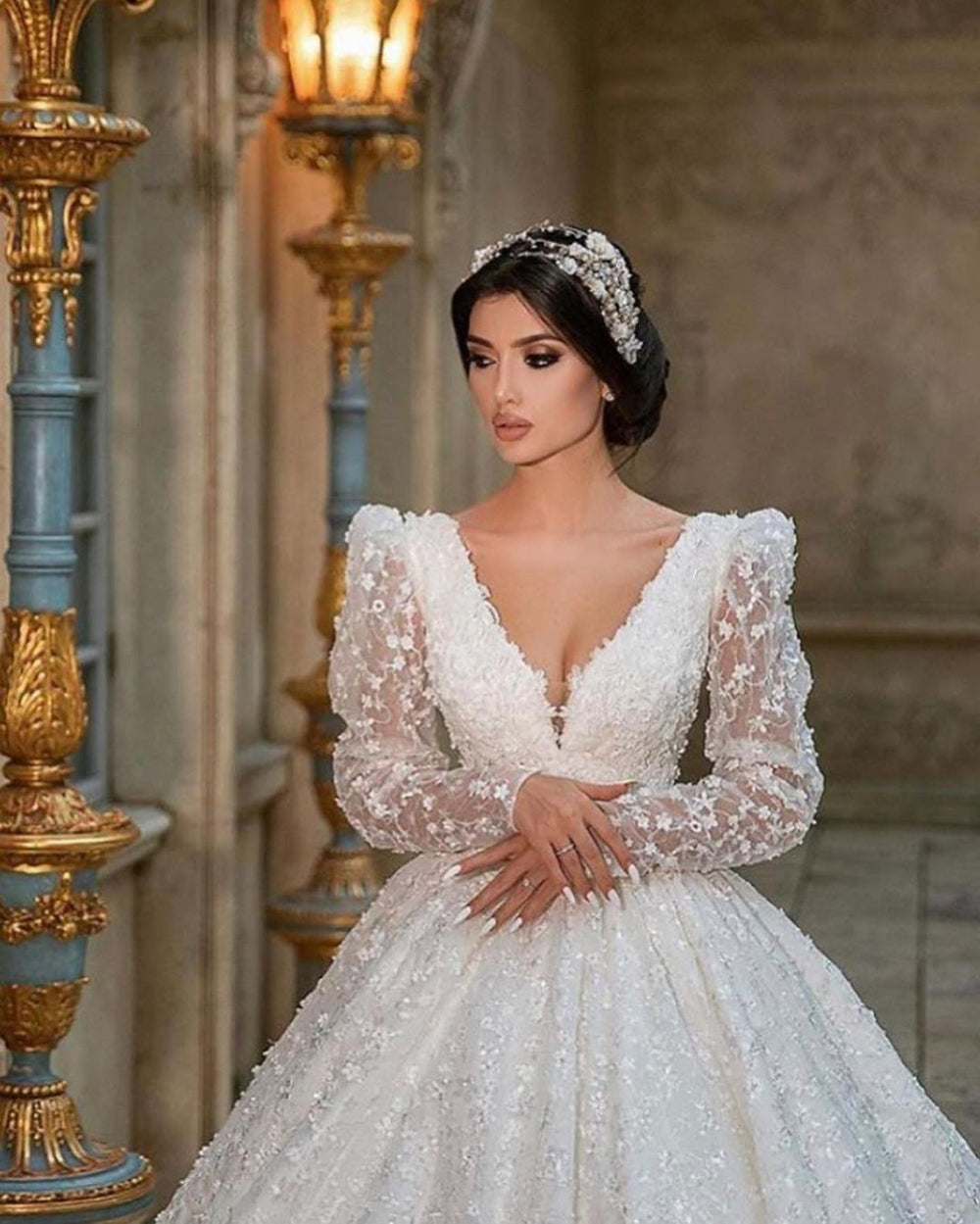 Elegant Deep V-neck A-Line Wedding Gown With Long Sleeves and Lace Appliques