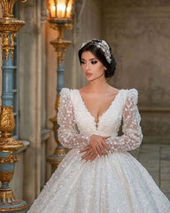 Elegant Deep V-neck A-Line Wedding Gown With Long Sleeves and Lace Appliques