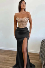  Dark Green Beaded Mermaid Prom Dress Strapless Slit Sequins Gown